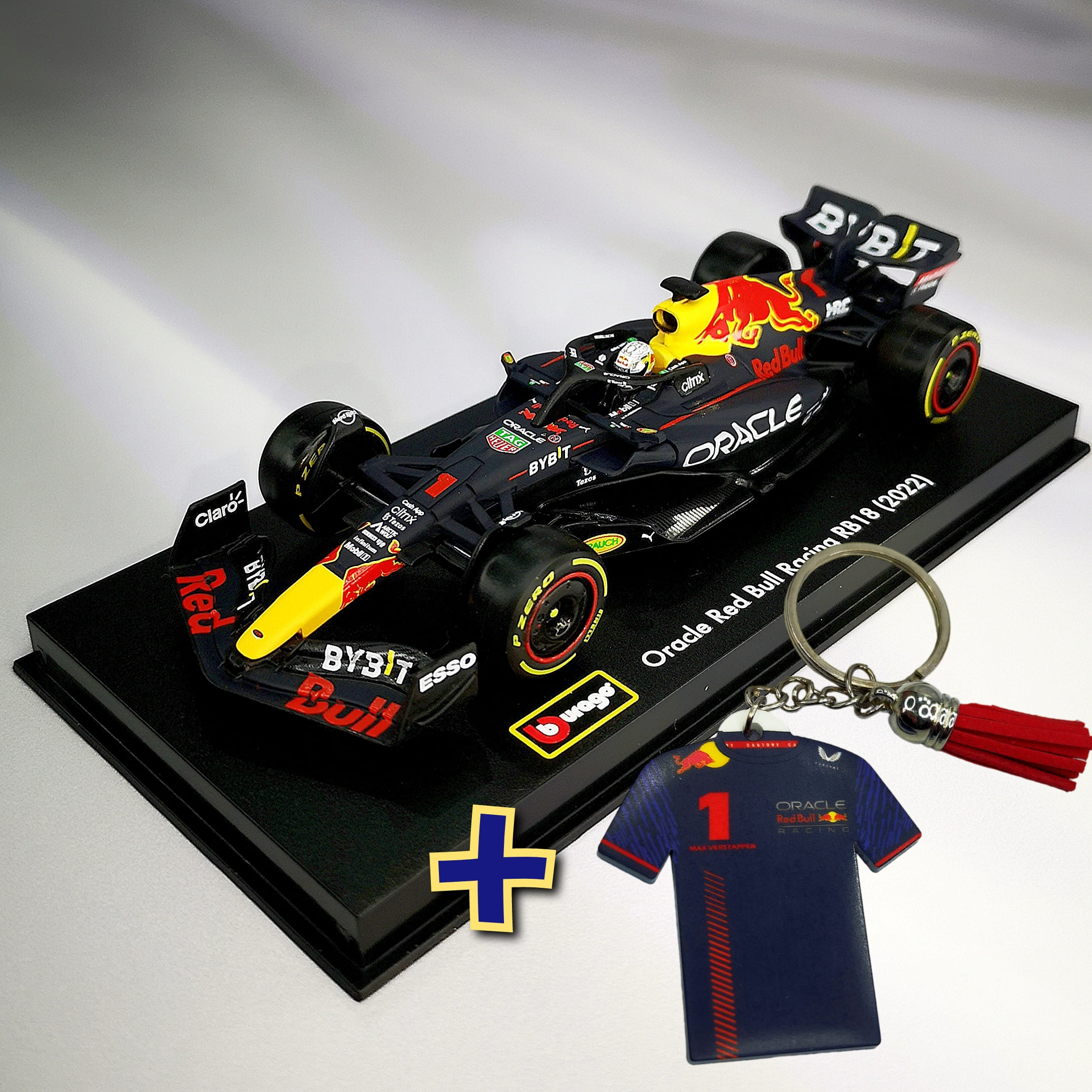 RedBull RB18 2022 #1 Max Verstappen Caja Acrilica Burago 1:43 + Llavero Polera