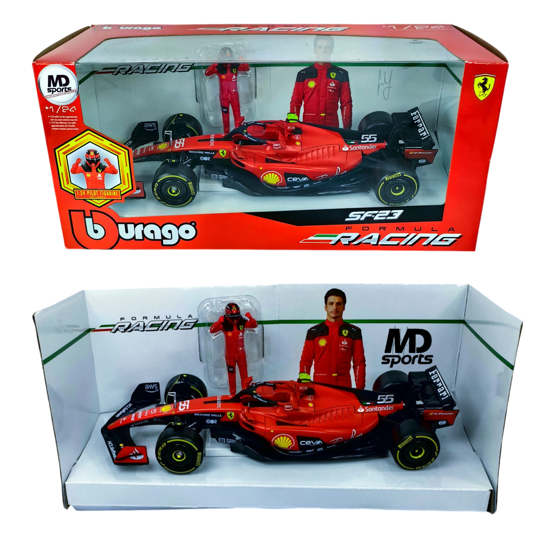 Ferrari SF-23 2023 #55 Carlos Sainz Con Figura Burago 1:24