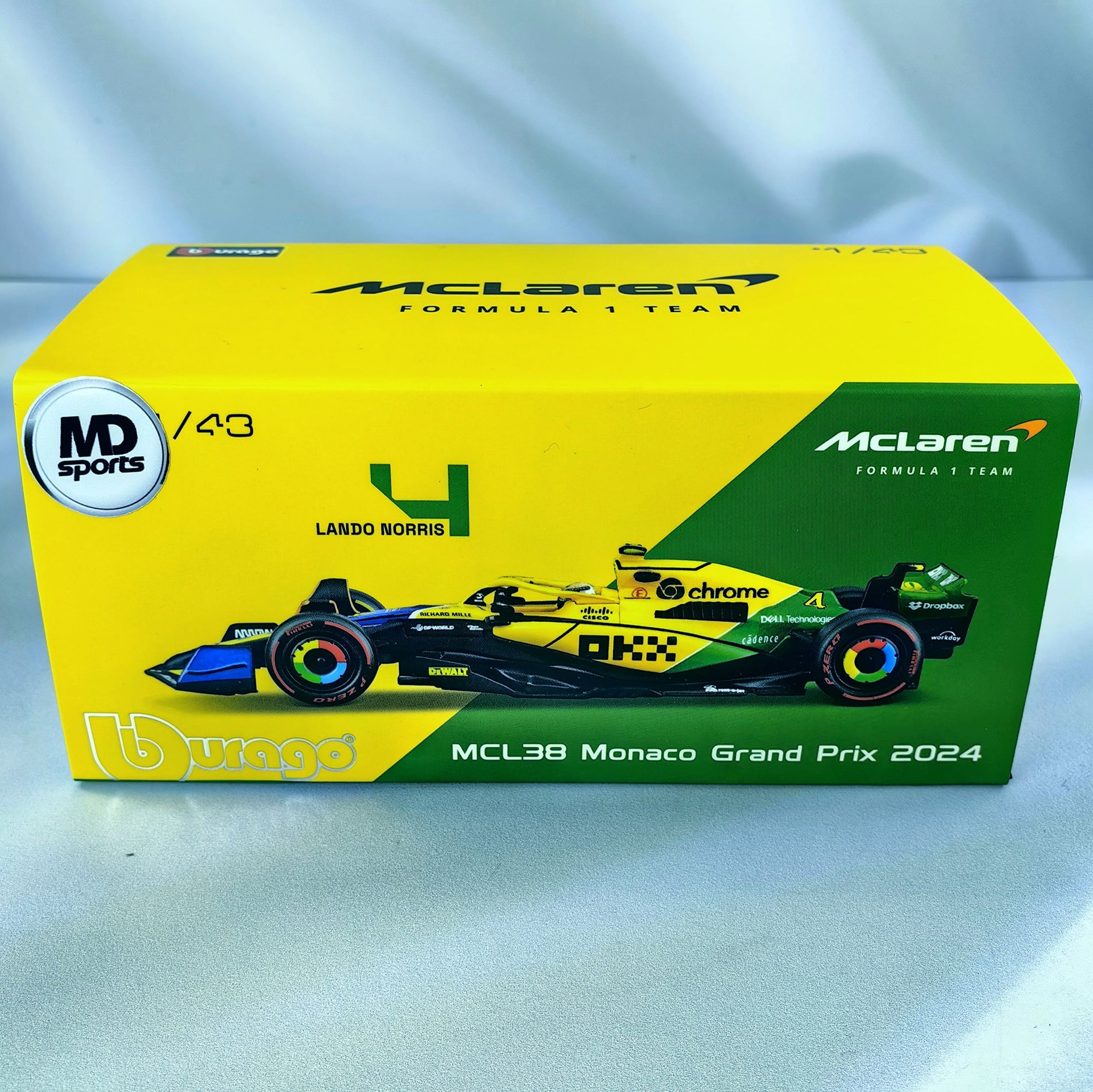 Mclaren MCL38 GP Monaco 2024 Senna Livery #4 Lando Norris Caja Acrilica Burago 1:43