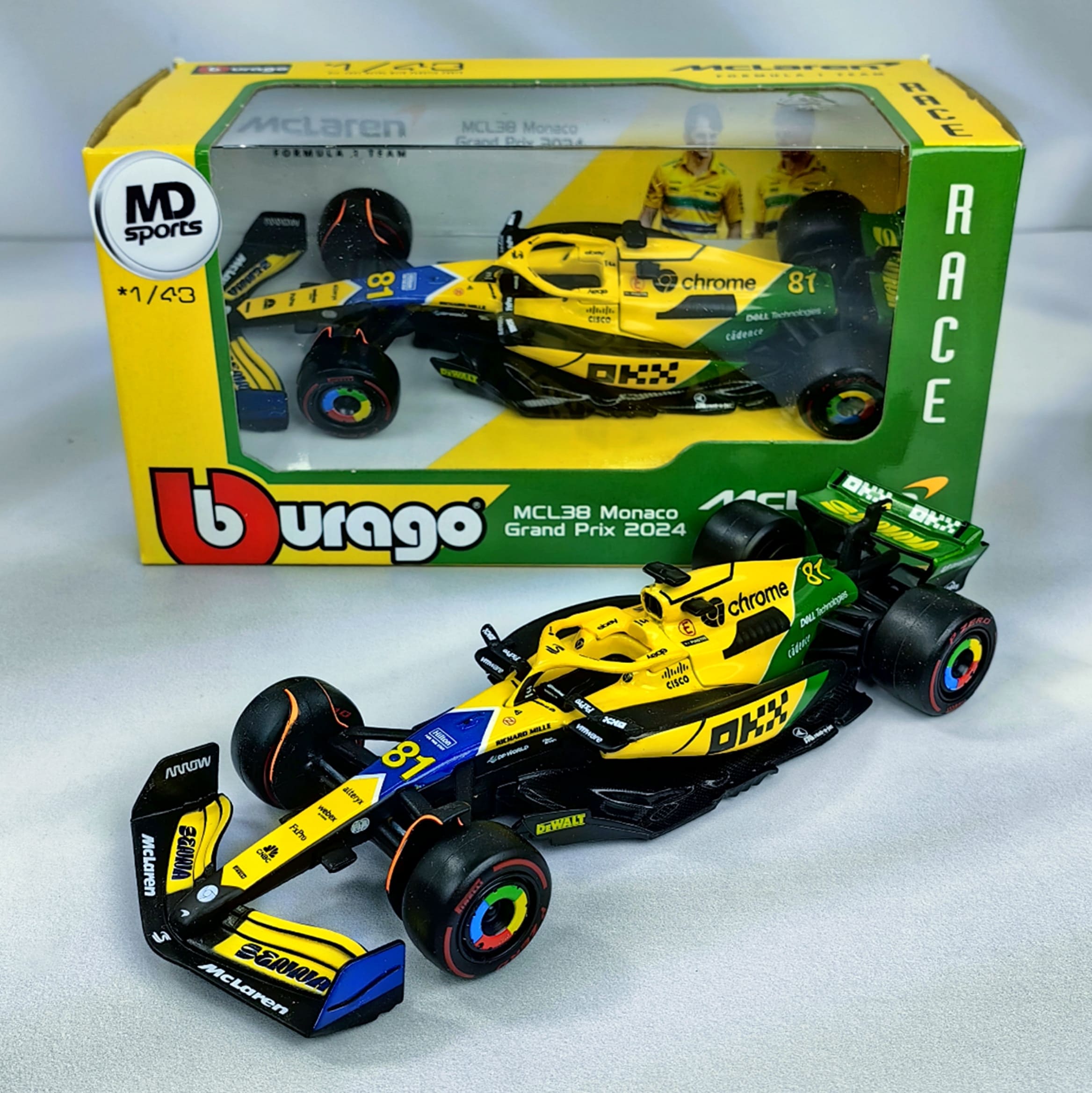 Mclaren MCL38 GP Monaco 2024 Senna Livery #81 Oscar Piastri Caja Normal Burago 1:43