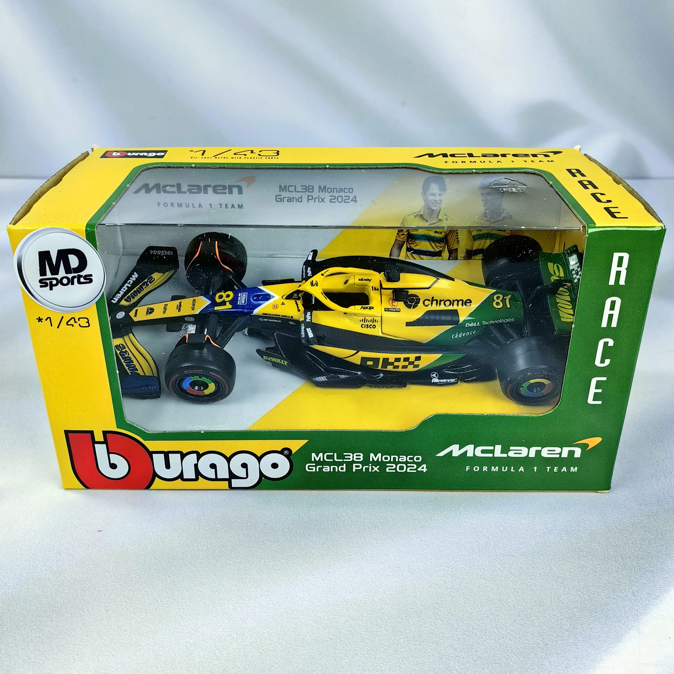 Mclaren MCL38 GP Monaco 2024 Senna Livery #81 Oscar Piastri Caja Normal Burago 1:43
