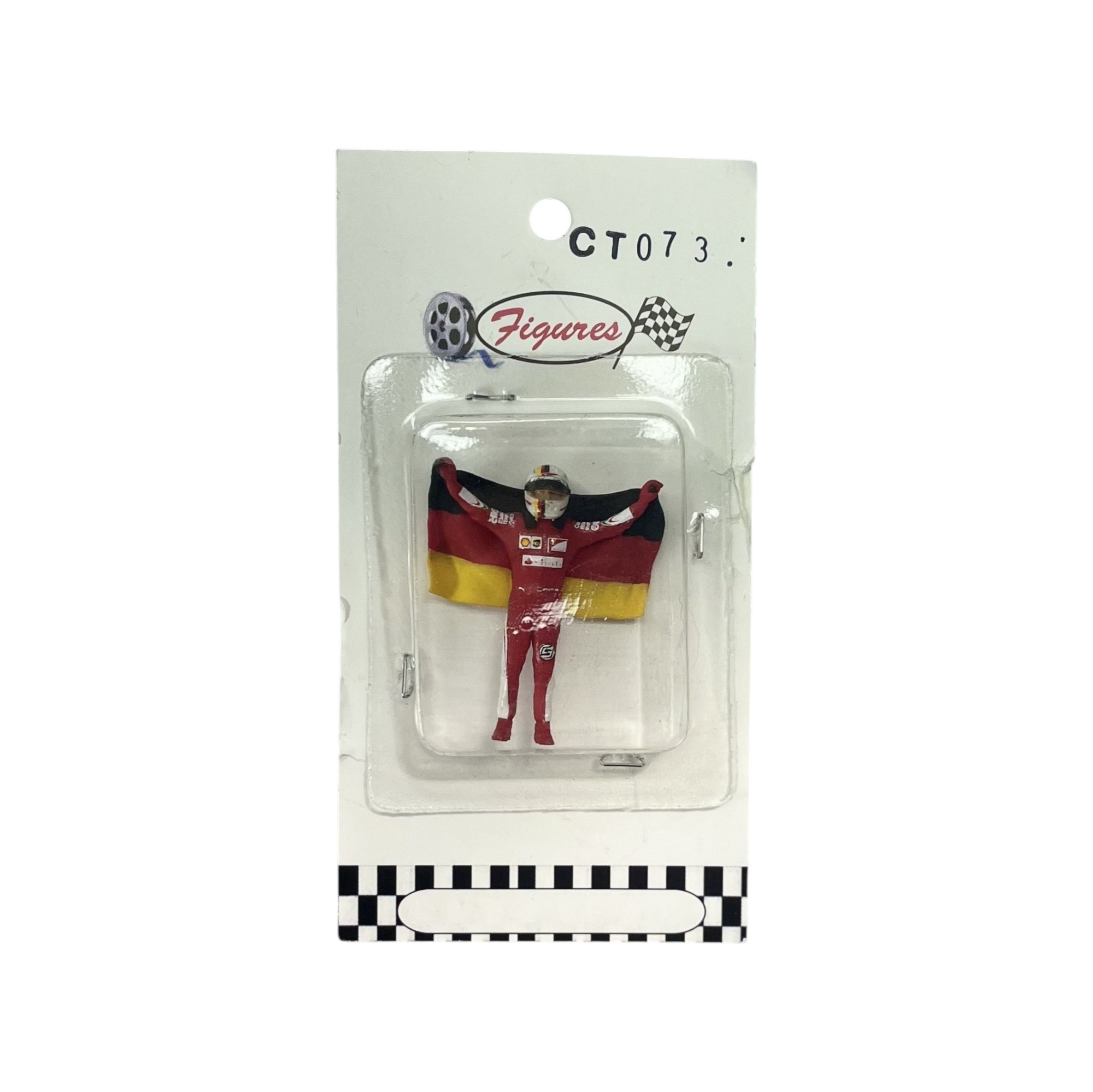 Figura Piloto Sebastian Vettel Ferrari con Bandera Cartrix 1:43