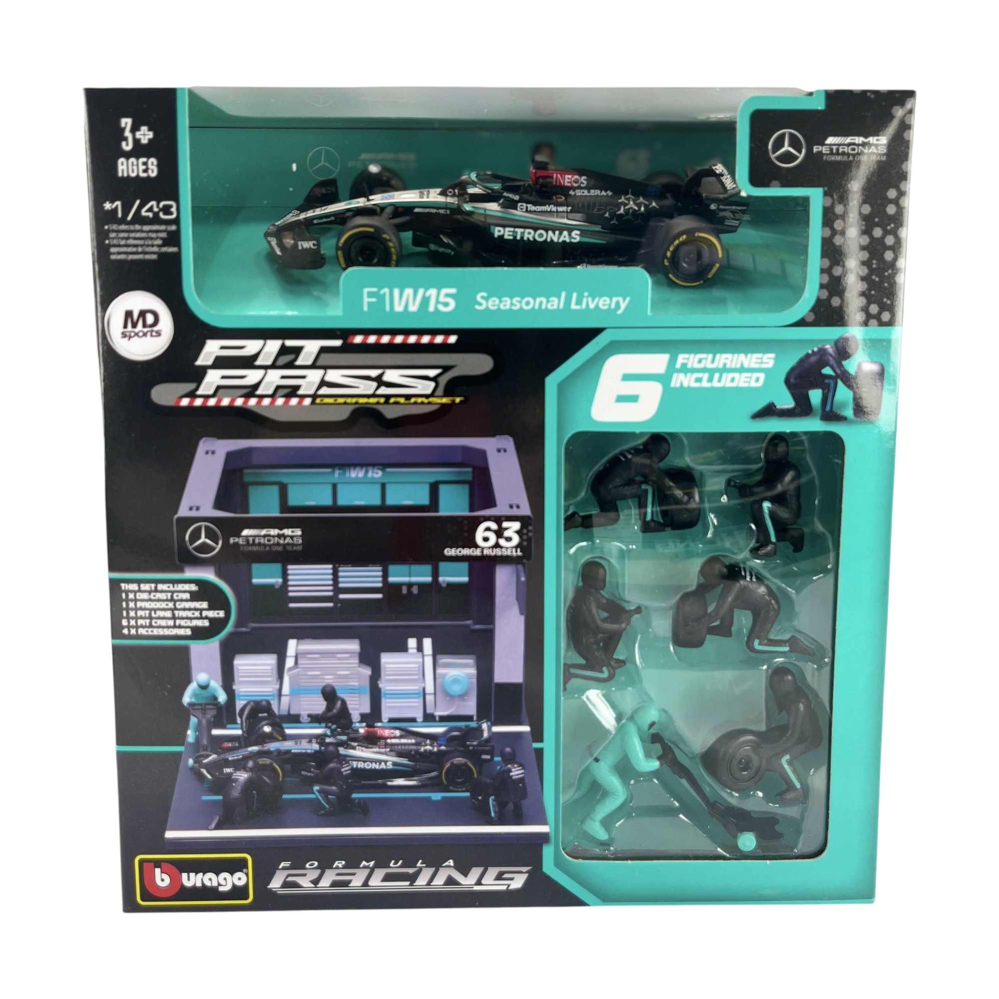 Set Pit-Stop Mercedes W15 2024 #63 George Russell Caja Normal Burago 1:43