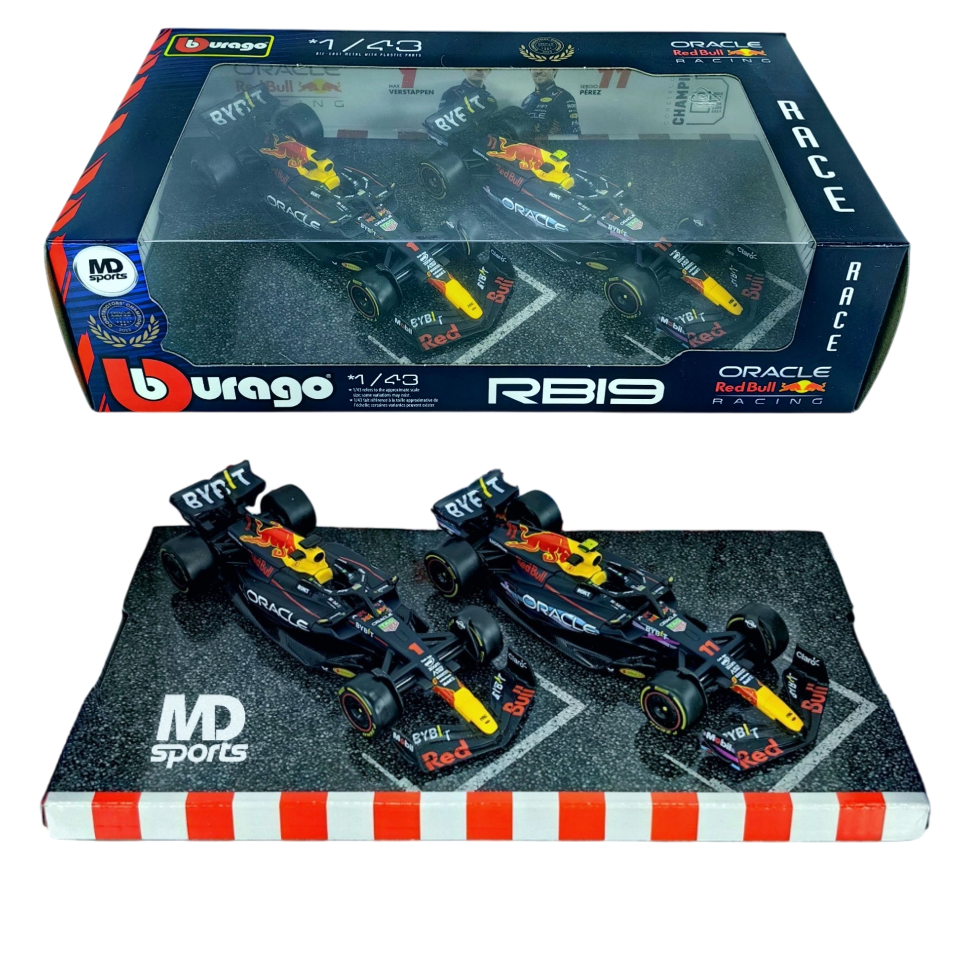 Pack Redbull RB19 2023 #11 Sergio Checo Perez & #1 Max Verstappen Caja Normal Burago 1:43
