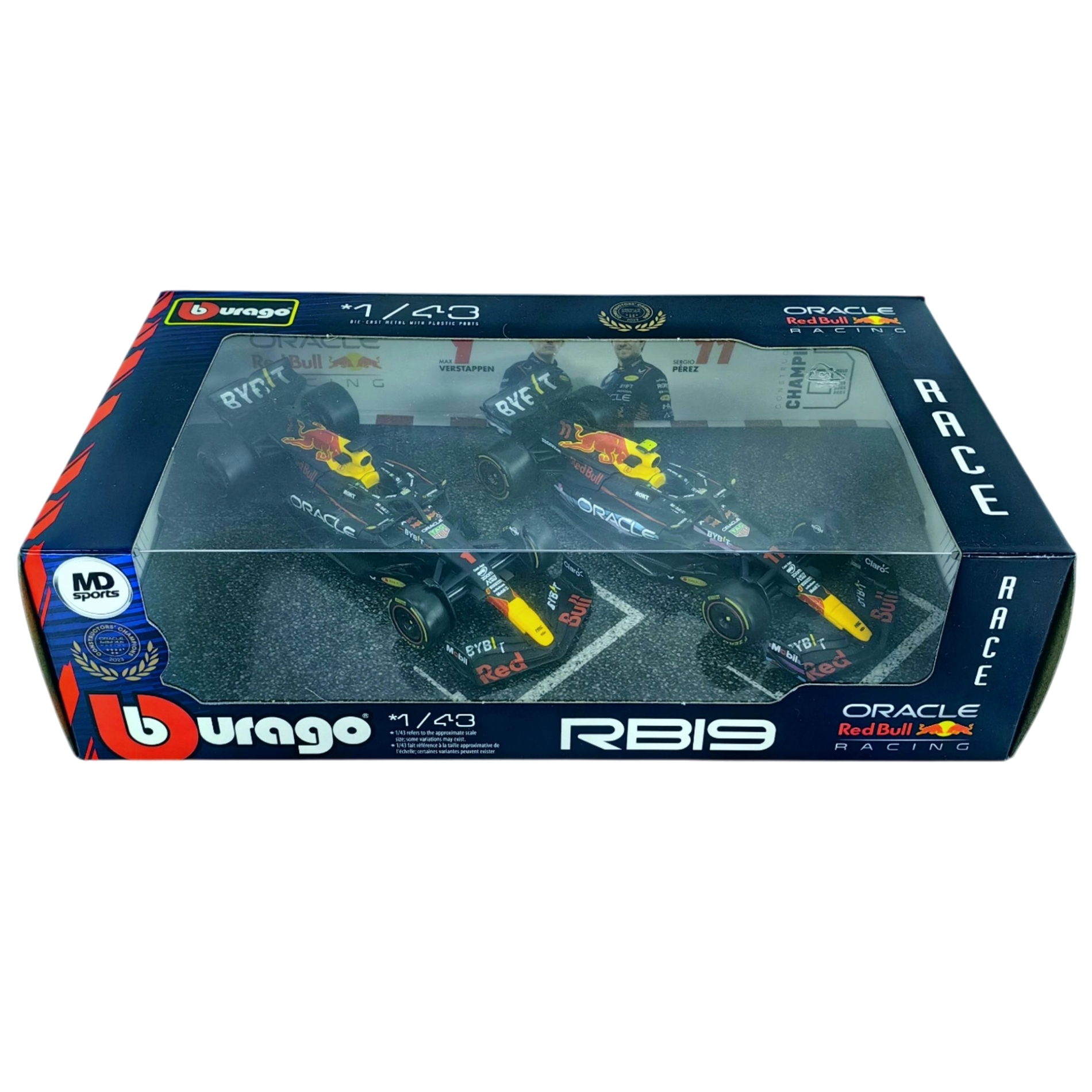 Pack Redbull RB19 2023 #11 Sergio Checo Perez & #1 Max Verstappen Caja Normal Burago 1:43