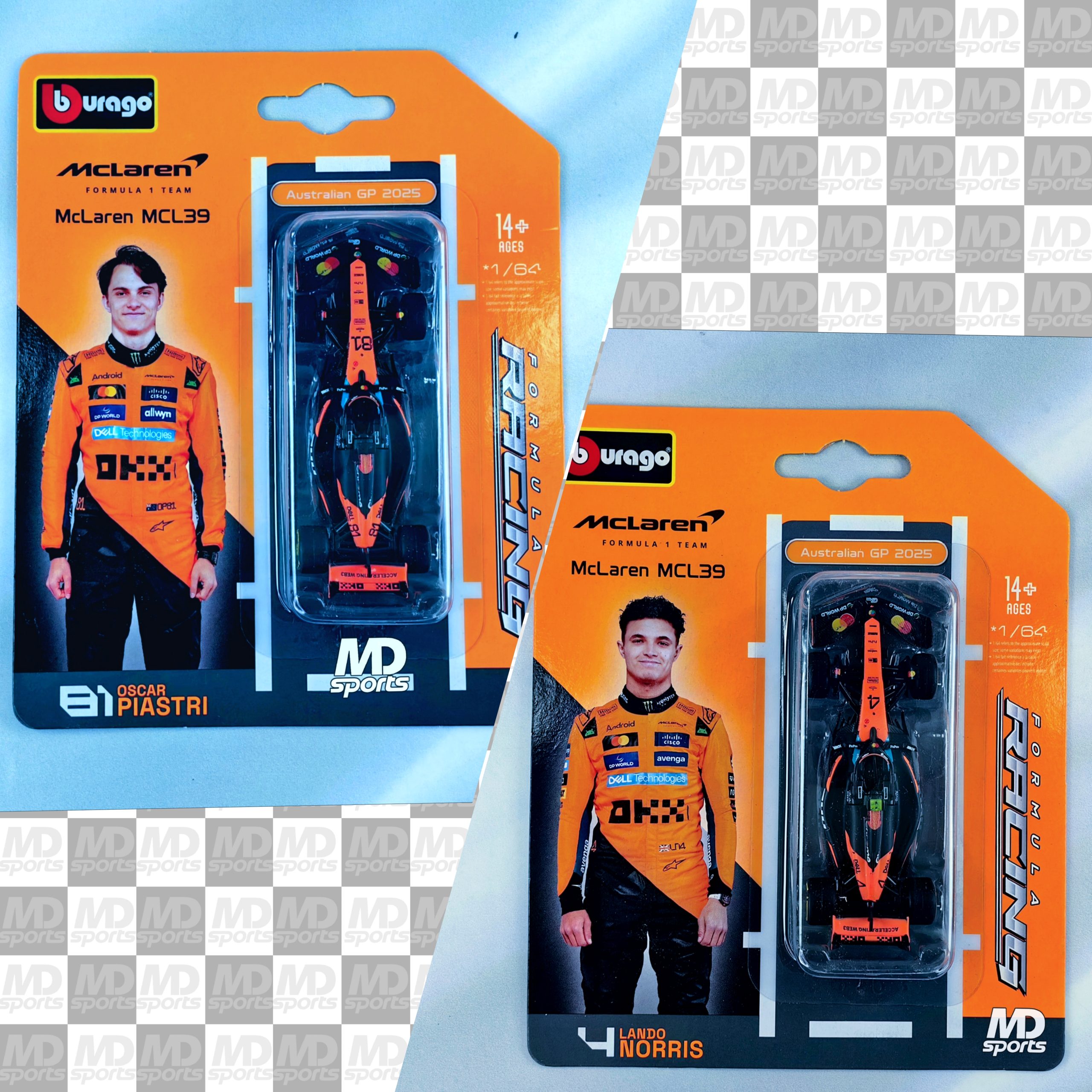 Pack Mclaren MCL39 2025 #4 Lando Norris & #81 Oscar Piastri Caja Normal Burago 1:64