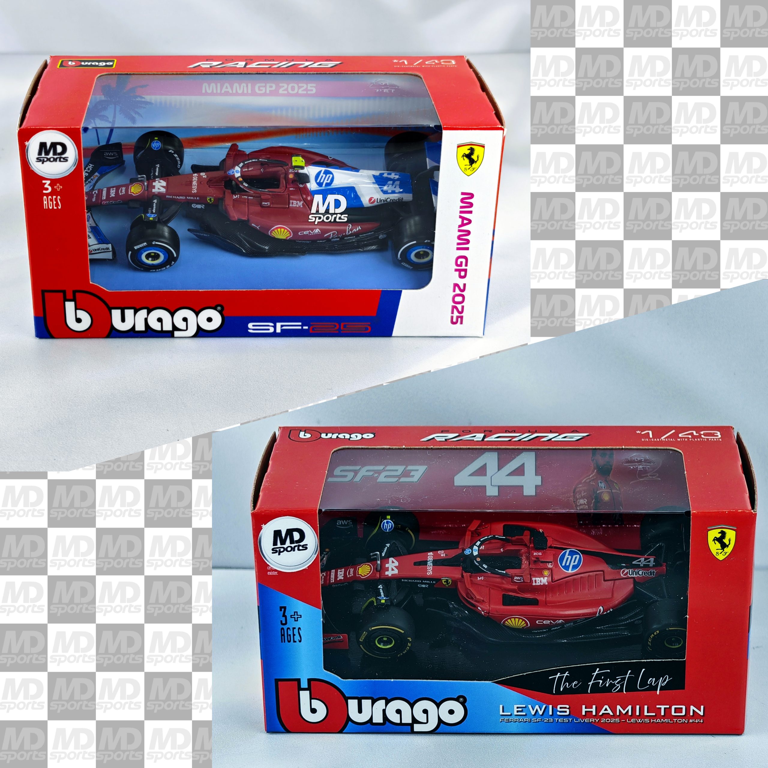 Pack Ferrari Lewis Hamilton Auto SF-23 + SF-25 Miami Caja Normal Burago 1:43