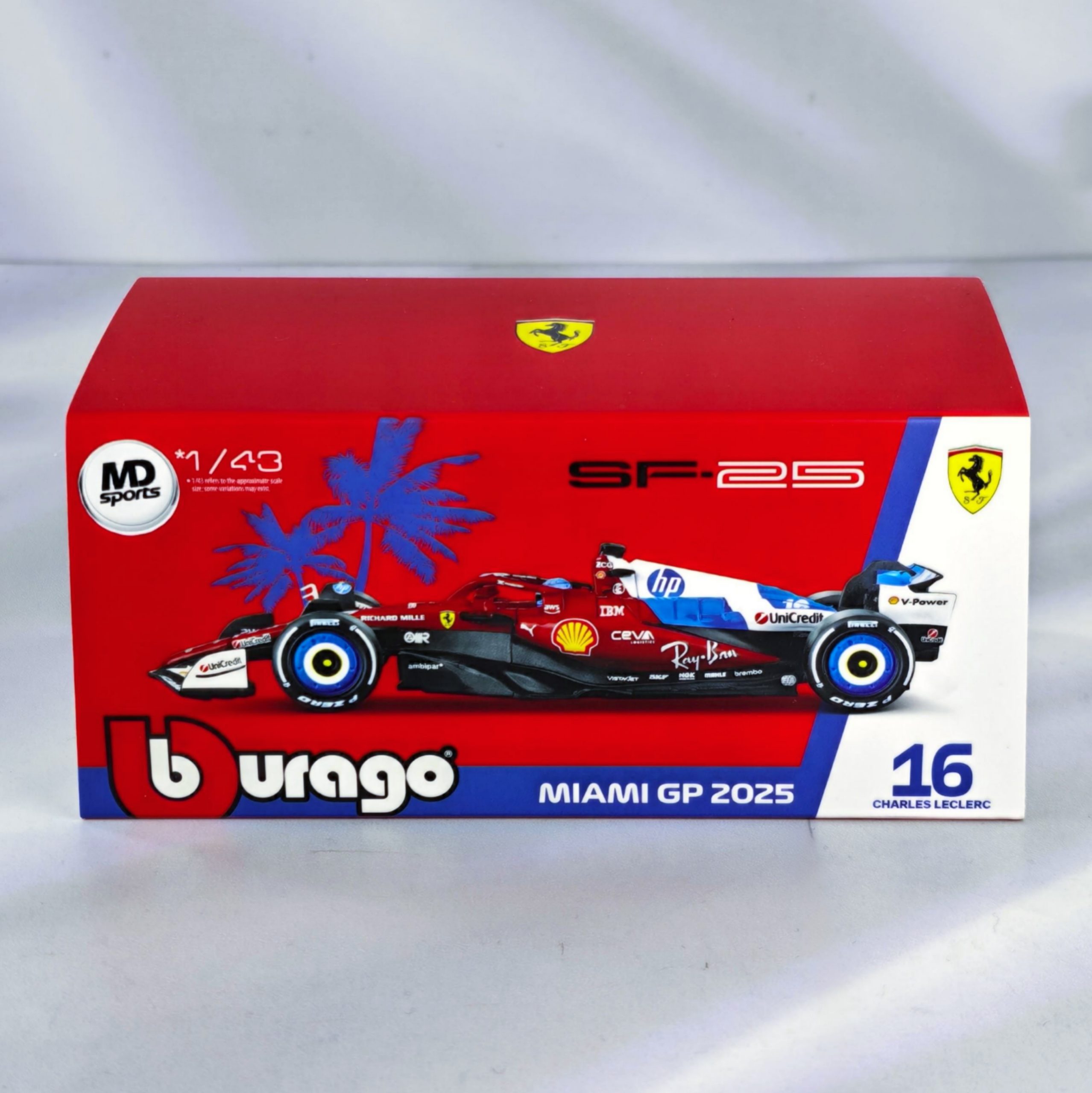 Ferrari SF-25 GP Miami 2025 #16 Charles Leclerc Caja Acrilica Burago 1:43