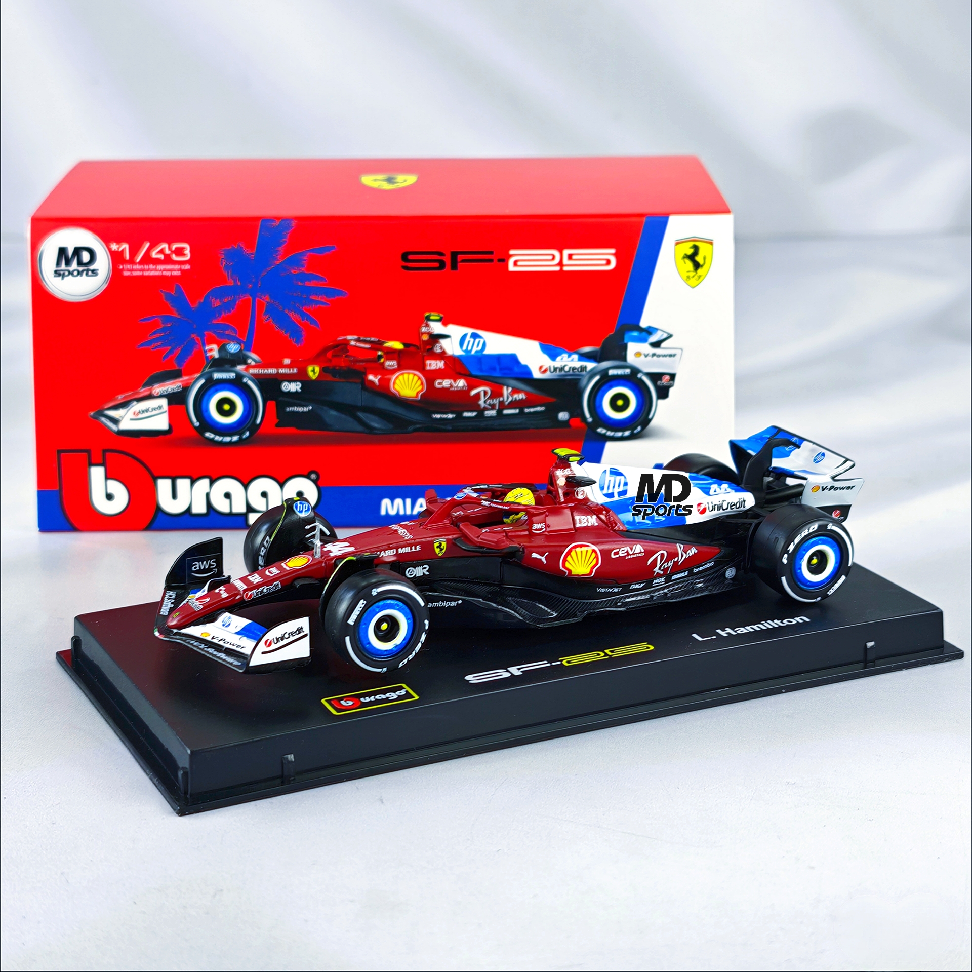 Ferrari SF-25 GP Miami 2025 #44 Lewis Hamilton Caja Acrilica Burago 1:43