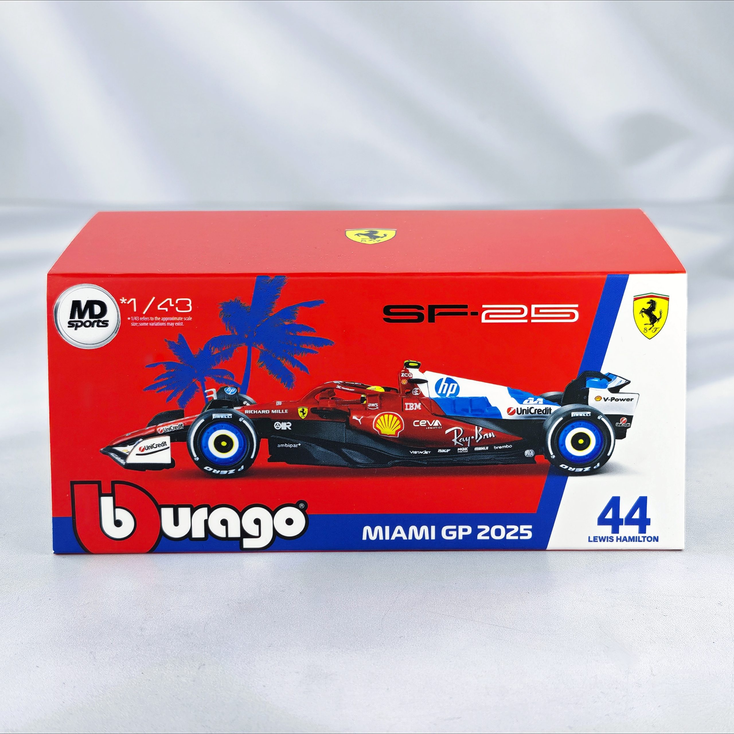 Ferrari SF-25 GP Miami 2025 #44 Lewis Hamilton Caja Acrilica Burago 1:43