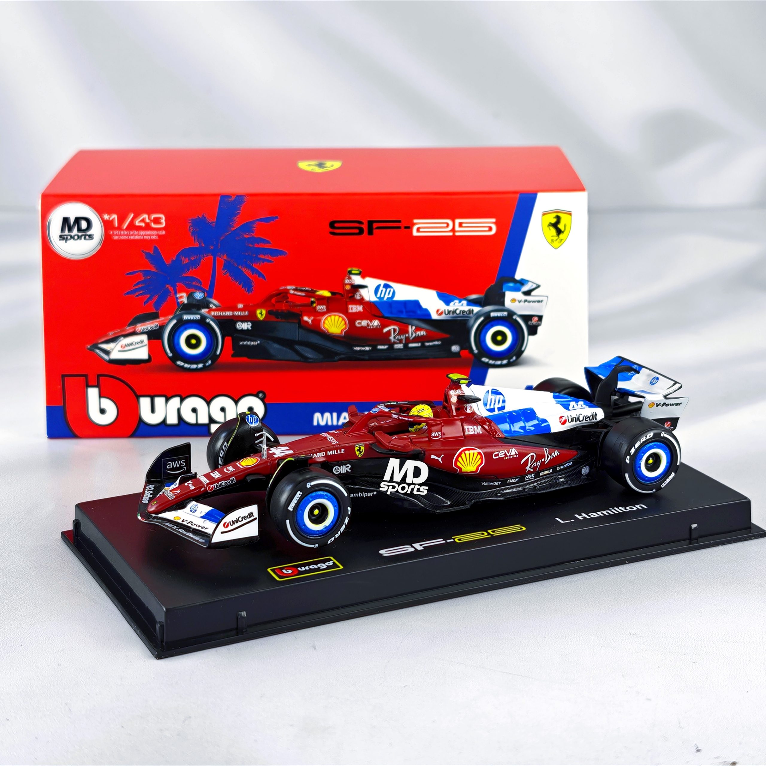 Ferrari SF-25 GP Miami 2025 #44 Lewis Hamilton Caja Acrilica Burago 1:43