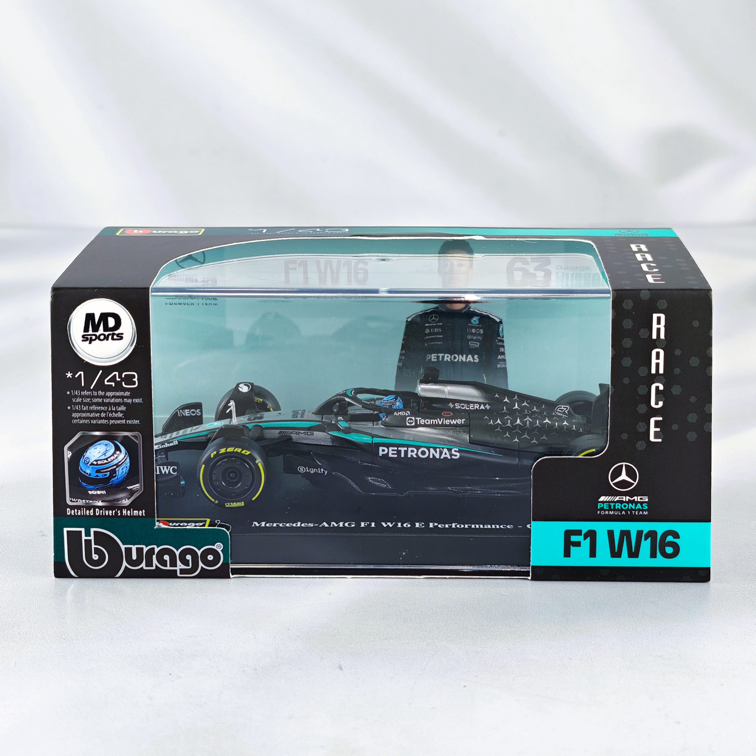 Mercedes W16 2025 #63 George Russell Caja Acrilica Burago 1:43
