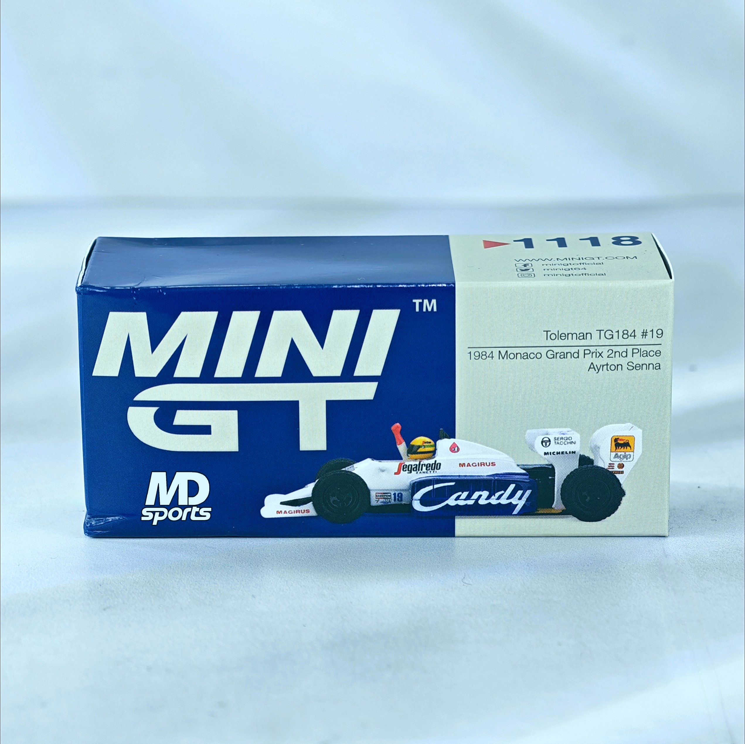 Toleman TG184 GP Monaco 1984 #19 Ayrton Senna Caja Acrilica MiniGT 1:64