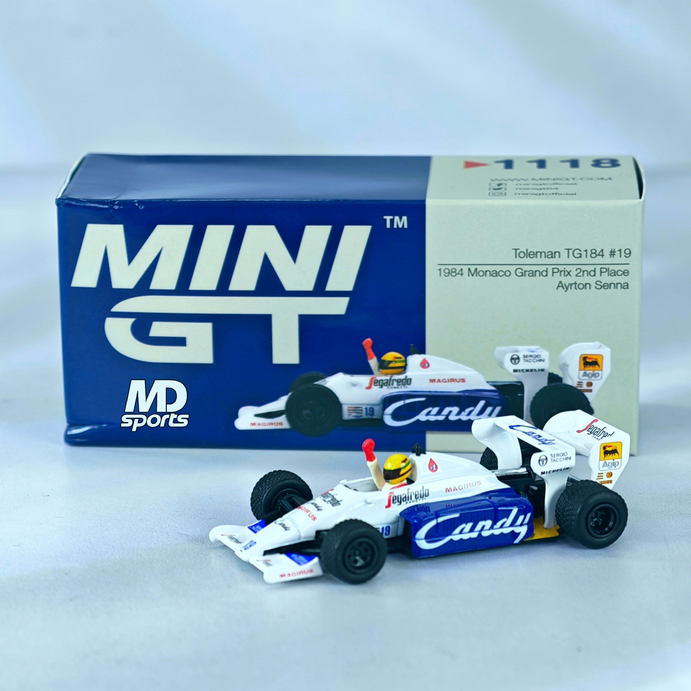 Toleman TG184 GP Monaco 1984 #19 Ayrton Senna Caja Acrilica MiniGT 1:64